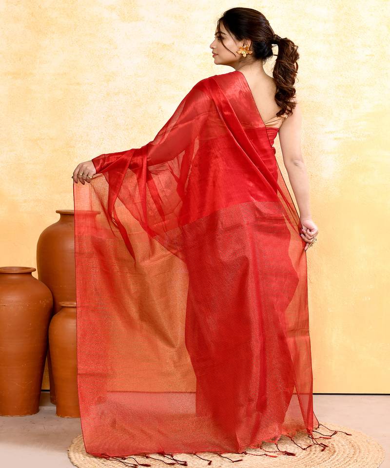 red dual tone organic tissue saree with blouse piece