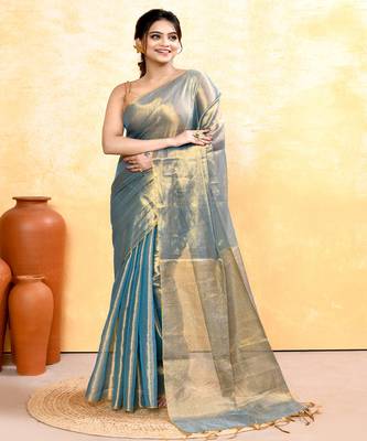 copper turquoise dual tone organic tissue saree with blouse piece 1