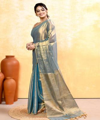 copper turquoise dual tone organic tissue saree with blouse piece 2