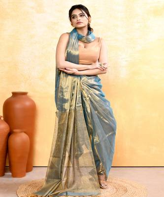 copper turquoise dual tone organic tissue saree with blouse piece 4