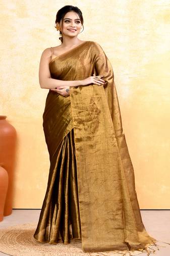 gold dual tone organic tissue saree with blouse piece