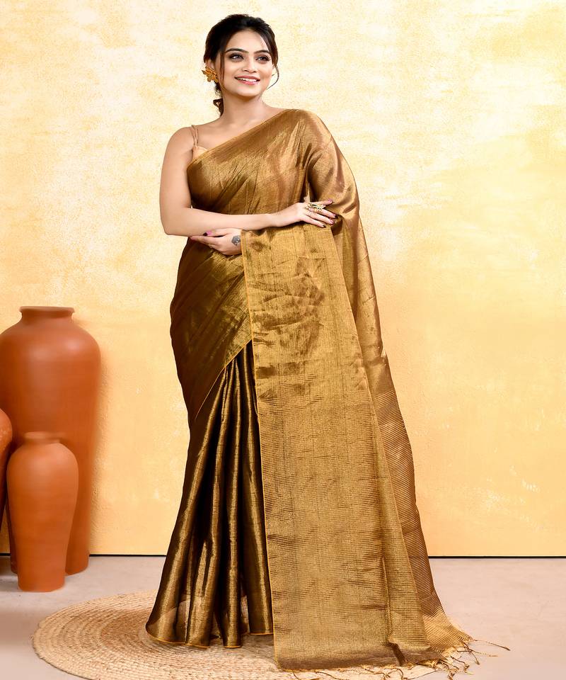 gold dual tone organic tissue saree with blouse piece