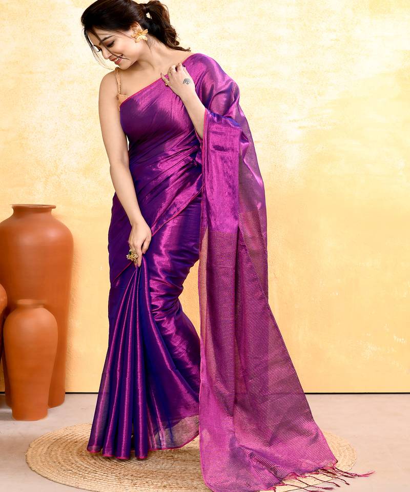 violet dual tone organic tissue saree with blouse piece