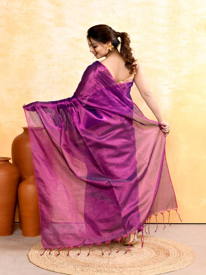violet dual tone organic tissue saree with blouse piece