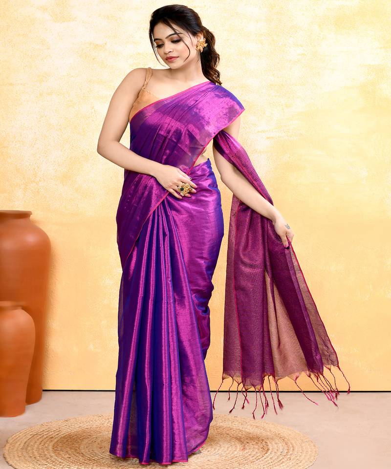 violet dual tone organic tissue saree with blouse piece