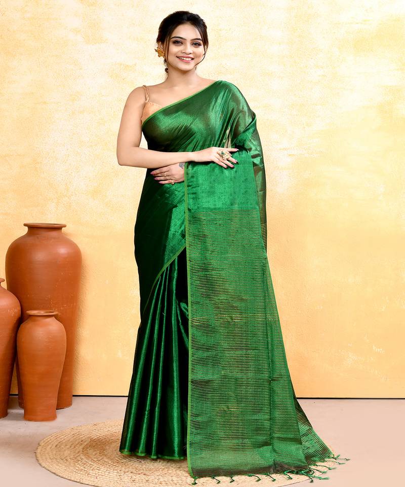 green dual tone organic tissue saree with blouse piece