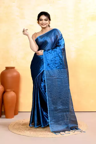 blue dual tone organic tissue saree with blouse piece