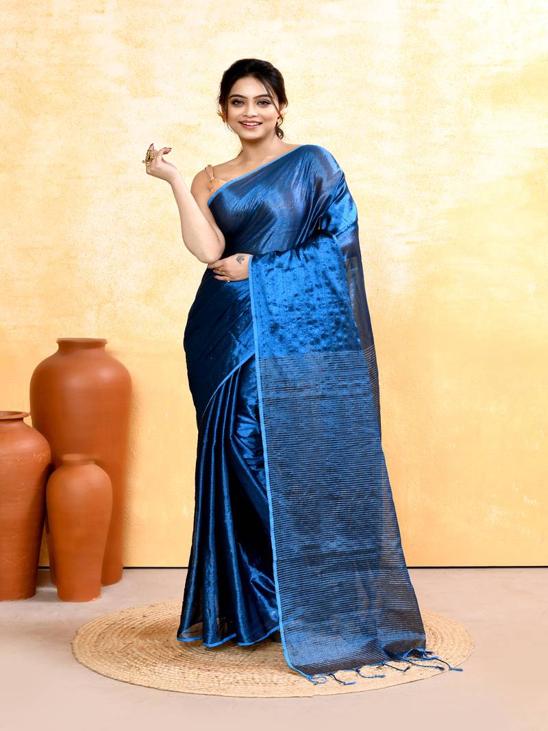 blue dual tone organic tissue saree with blouse piece