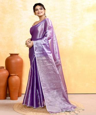 lavender dual tone organic tissue saree with blouse piece 2