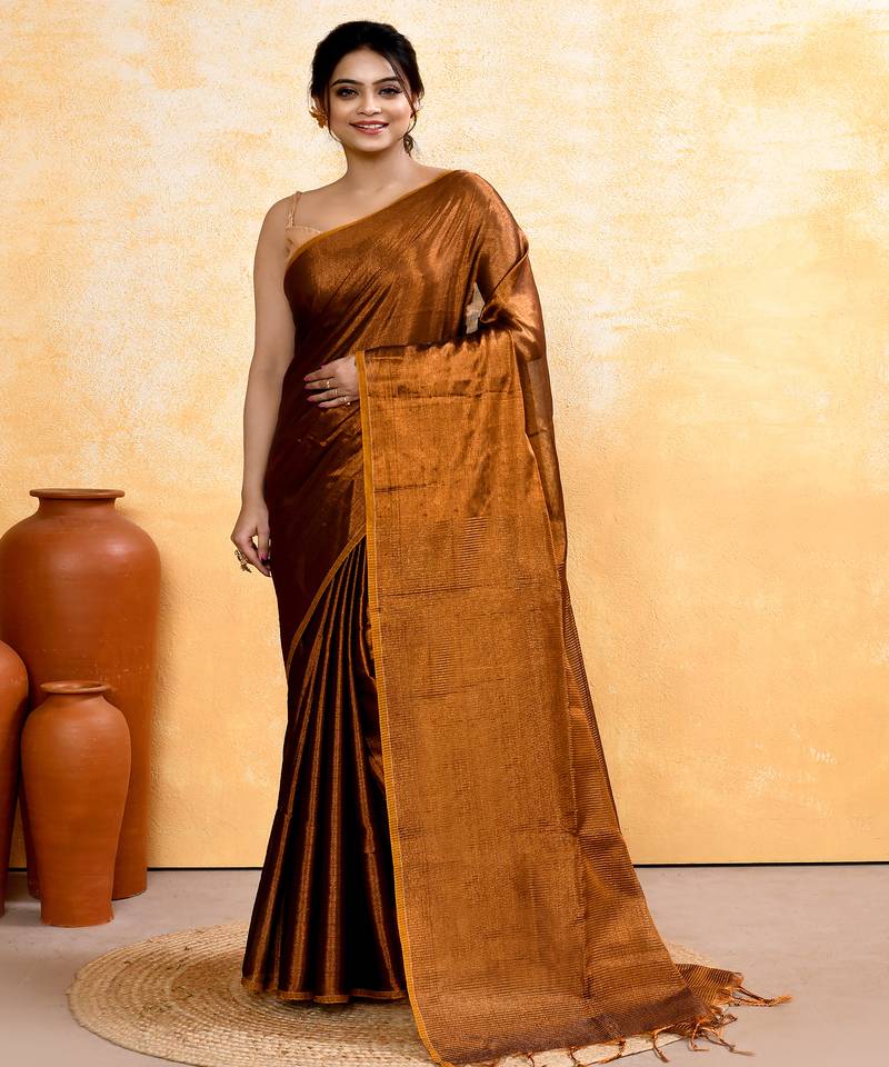 copper dual tone organic tissue saree with blouse piece