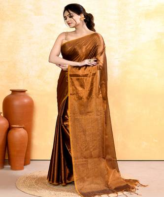 copper dual tone organic tissue saree with blouse piece 2
