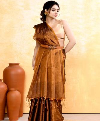copper dual tone organic tissue saree with blouse piece 4
