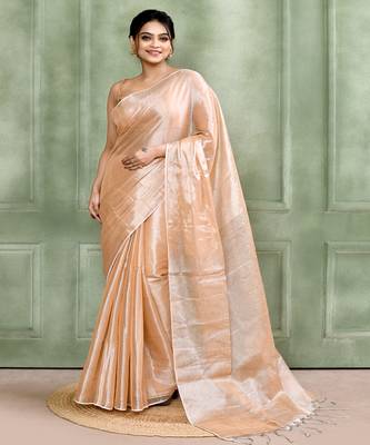 beige dual tone organic tissue saree with blouse piece 1