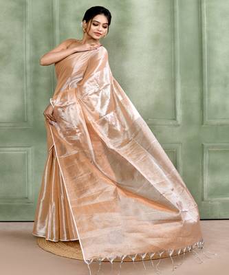 beige dual tone organic tissue saree with blouse piece 2