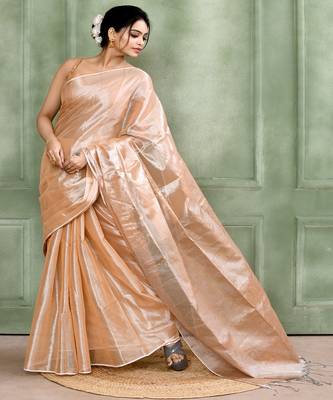 beige dual tone organic tissue saree with blouse piece 3
