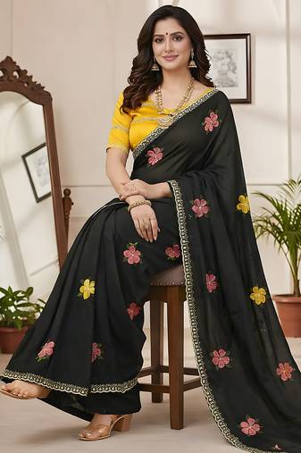 black mannequin embroidery work saree with miorror work and cut work border