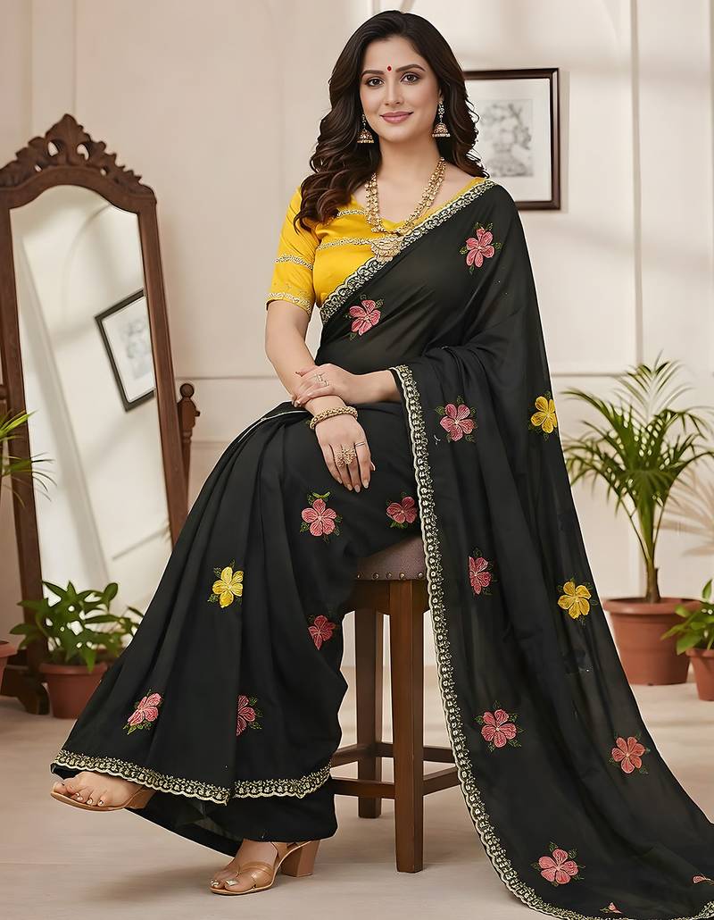black mannequin embroidery work saree with miorror work and cut work border