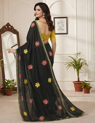 black mannequin embroidery work saree with miorror work and cut work border 2