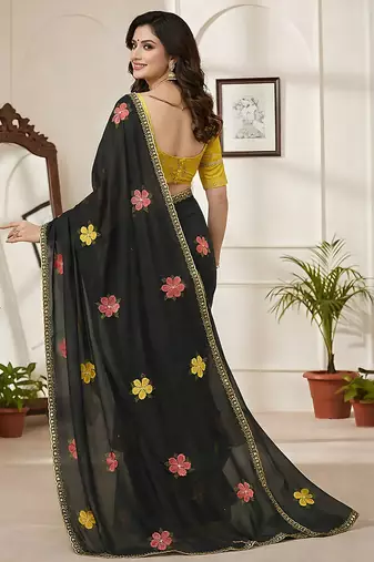 black mannequin embroidery work saree with miorror work and cut work border