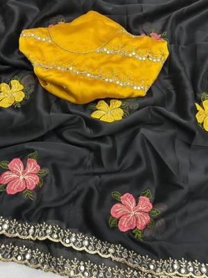 black mannequin embroidery work saree with miorror work and cut work border 4