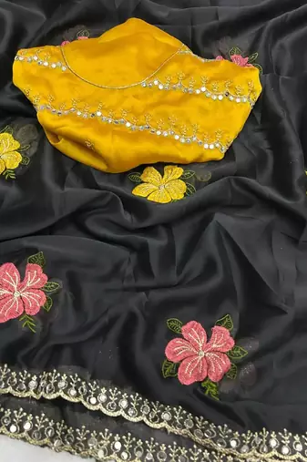 black mannequin embroidery work saree with miorror work and cut work border