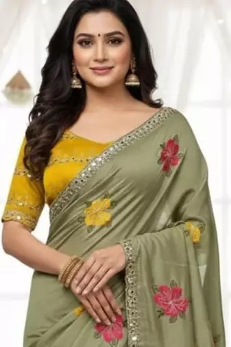 mehendi mannequin embroidery work saree with miorror work and cut work border