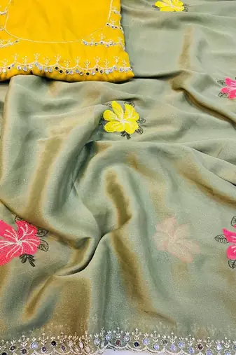 mehendi mannequin embroidery work saree with miorror work and cut work border