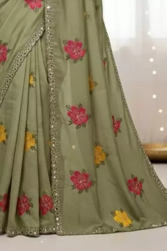 mehendi mannequin embroidery work saree with miorror work and cut work border