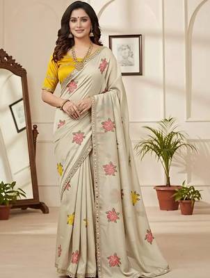 off_white mannequin embroidery work saree with miorror work and cut work border 1