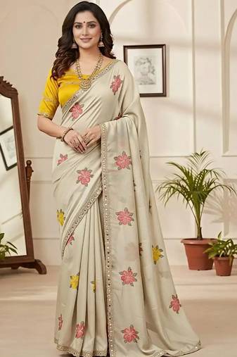 off_white mannequin embroidery work saree with miorror work and cut work border