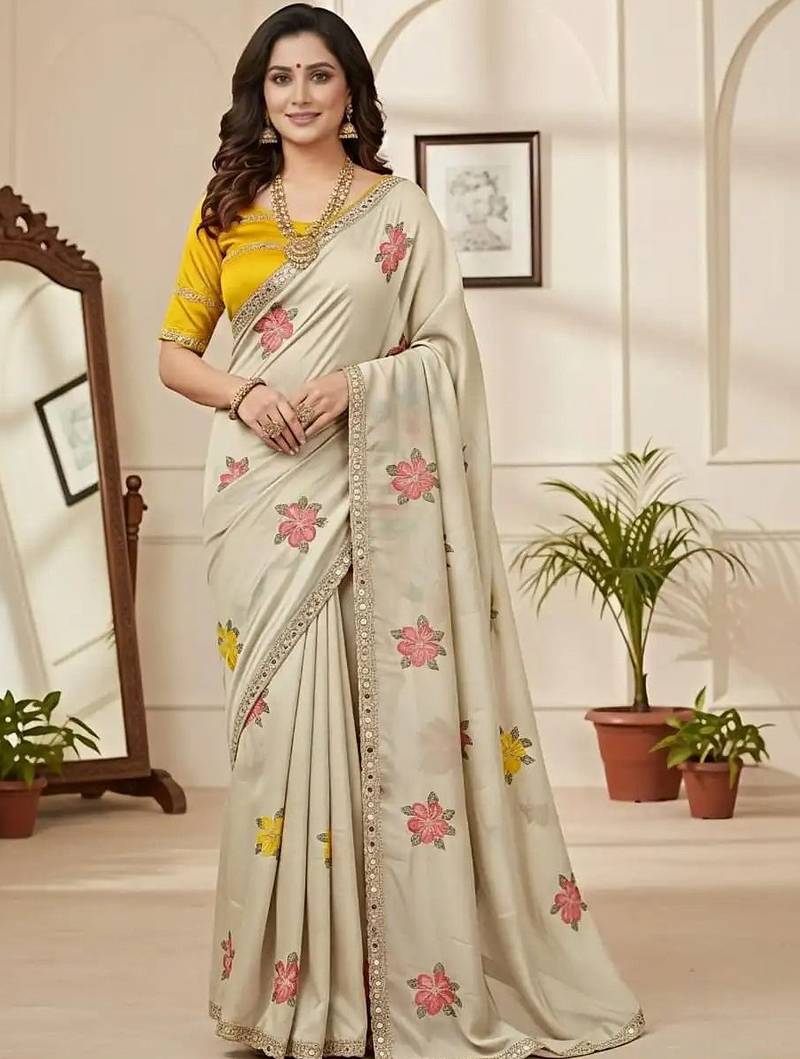 off_white mannequin embroidery work saree with miorror work and cut work border