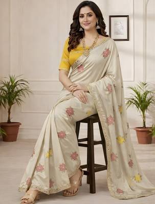 off_white mannequin embroidery work saree with miorror work and cut work border 2