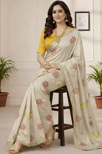 off_white mannequin embroidery work saree with miorror work and cut work border