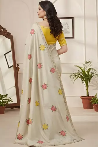 off_white mannequin embroidery work saree with miorror work and cut work border