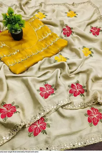 off_white mannequin embroidery work saree with miorror work and cut work border