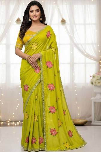 olive mannequin embroidery work saree with miorror work and cut work border