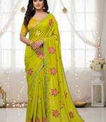 olive mannequin embroidery work saree with miorror work and cut work border