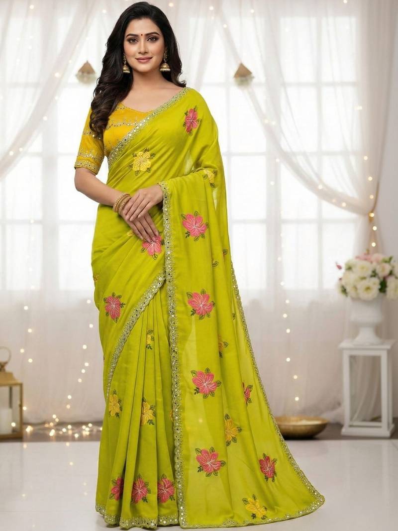olive mannequin embroidery work saree with miorror work and cut work border