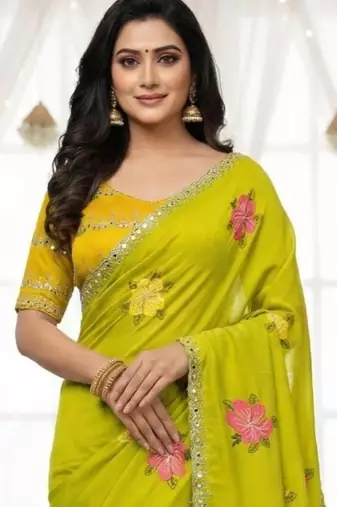 olive mannequin embroidery work saree with miorror work and cut work border