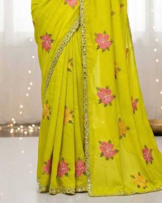 olive mannequin embroidery work saree with miorror work and cut work border 3
