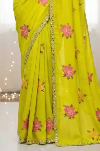 olive mannequin embroidery work saree with miorror work and cut work border