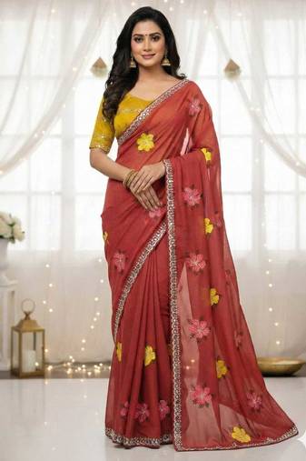 peach mannequin embroidery work saree with miorror work and cut work border