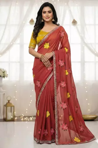 peach mannequin embroidery work saree with miorror work and cut work border