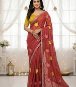 peach mannequin embroidery work saree with miorror work and cut work border