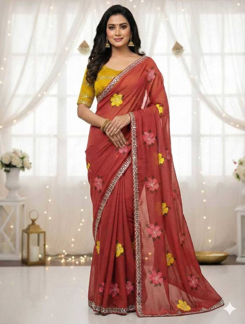 peach mannequin embroidery work saree with miorror work and cut work border