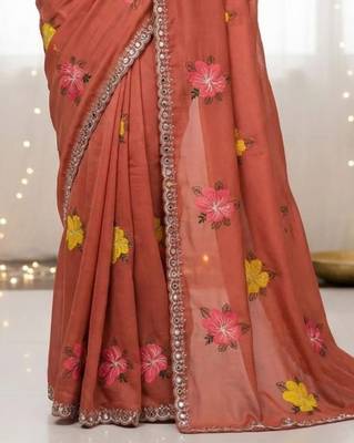 peach mannequin embroidery work saree with miorror work and cut work border 3