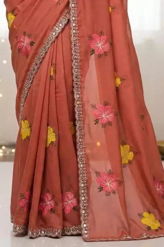peach mannequin embroidery work saree with miorror work and cut work border