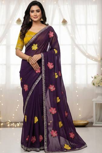 purple mannequin embroidery work saree with miorror work and cut work border