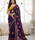 purple mannequin embroidery work saree with miorror work and cut work border