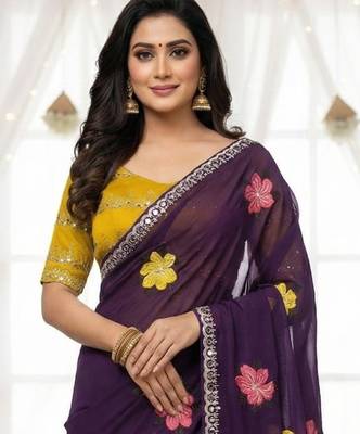 purple mannequin embroidery work saree with miorror work and cut work border 2